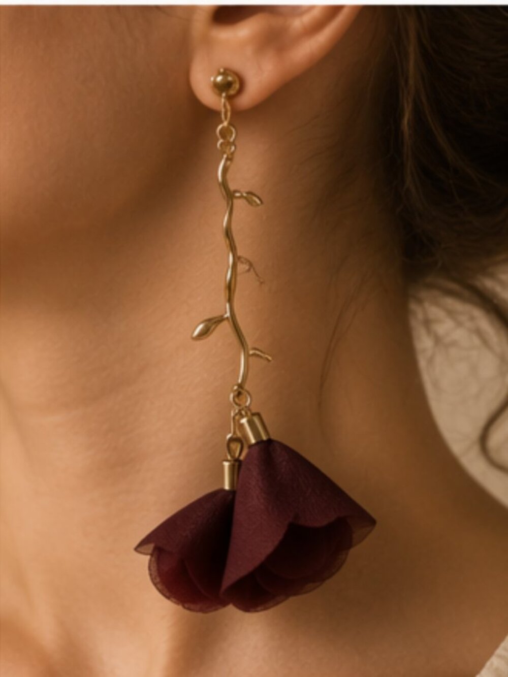 Burgundy Floral Vine Drop Earrings - Picture 3 of 3
